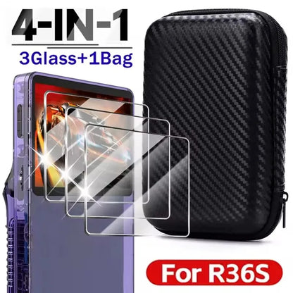 Mallette de rangement de transport 3 en 1 avec protecteurs d'écran en verre trempé pour Console de jeu R36S, Kit de protection, sac et Films anti-rayures