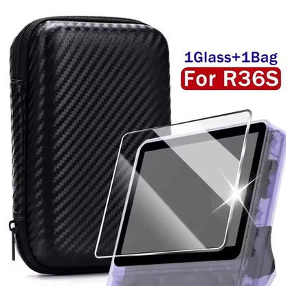 Mallette de rangement de transport 3 en 1 avec protecteurs d'écran en verre trempé pour Console de jeu R36S, Kit de protection, sac et Films anti-rayures