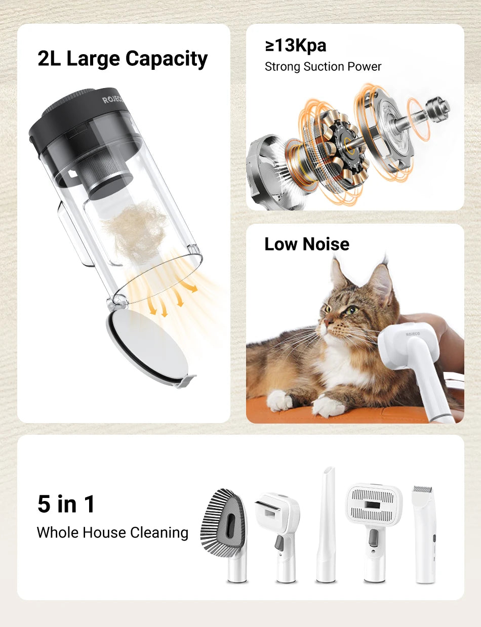 ROJECO Kit d'aspirateur de toilettage multifonction pour animaux de compagnie 5-en-1 aspirateur domestique Portable pour Kit de toilette aspirateur de poils de chien et de chat
