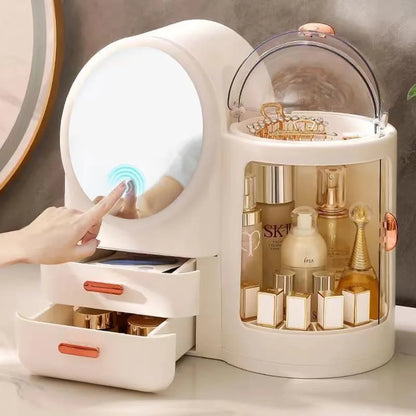Boîte de rangement de cosmétiques de grande capacité, support de rangement de lumière LED miroir, coiffeuse de bureau, support de rangement de luxe léger