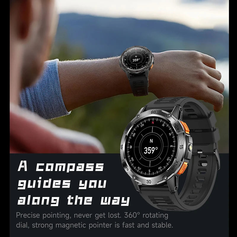 Nouvelle Montre Connectée de Sport Extérieur 2026 pour Hommes avec Boussole, Étanchéité 3ATM, Lampe Torche LED, Suivi de Santé et Appel Bluetooth pour Android et iOS