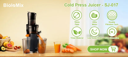 BioloMix-Extracteur de jus à mastication lente, presse à froid, Ju479, goulotte de rajeunissement de 78mm, moteur injuste, convient aux fruits entiers, 200W, 40-65 tr/min