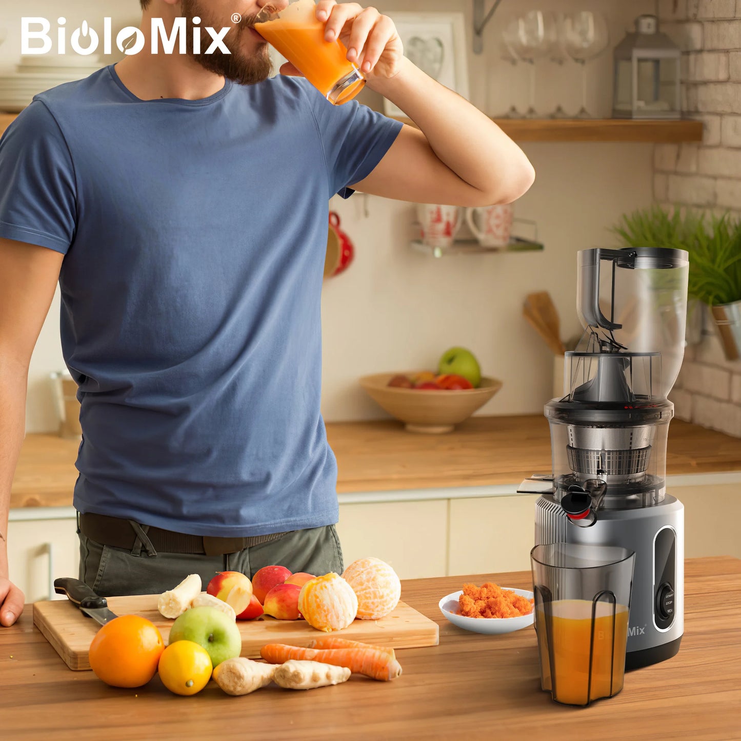 BioloMix-Extracteur de jus à mastication lente, presse à froid, Ju479, goulotte de rajeunissement de 78mm, moteur injuste, convient aux fruits entiers, 200W, 40-65 tr/min