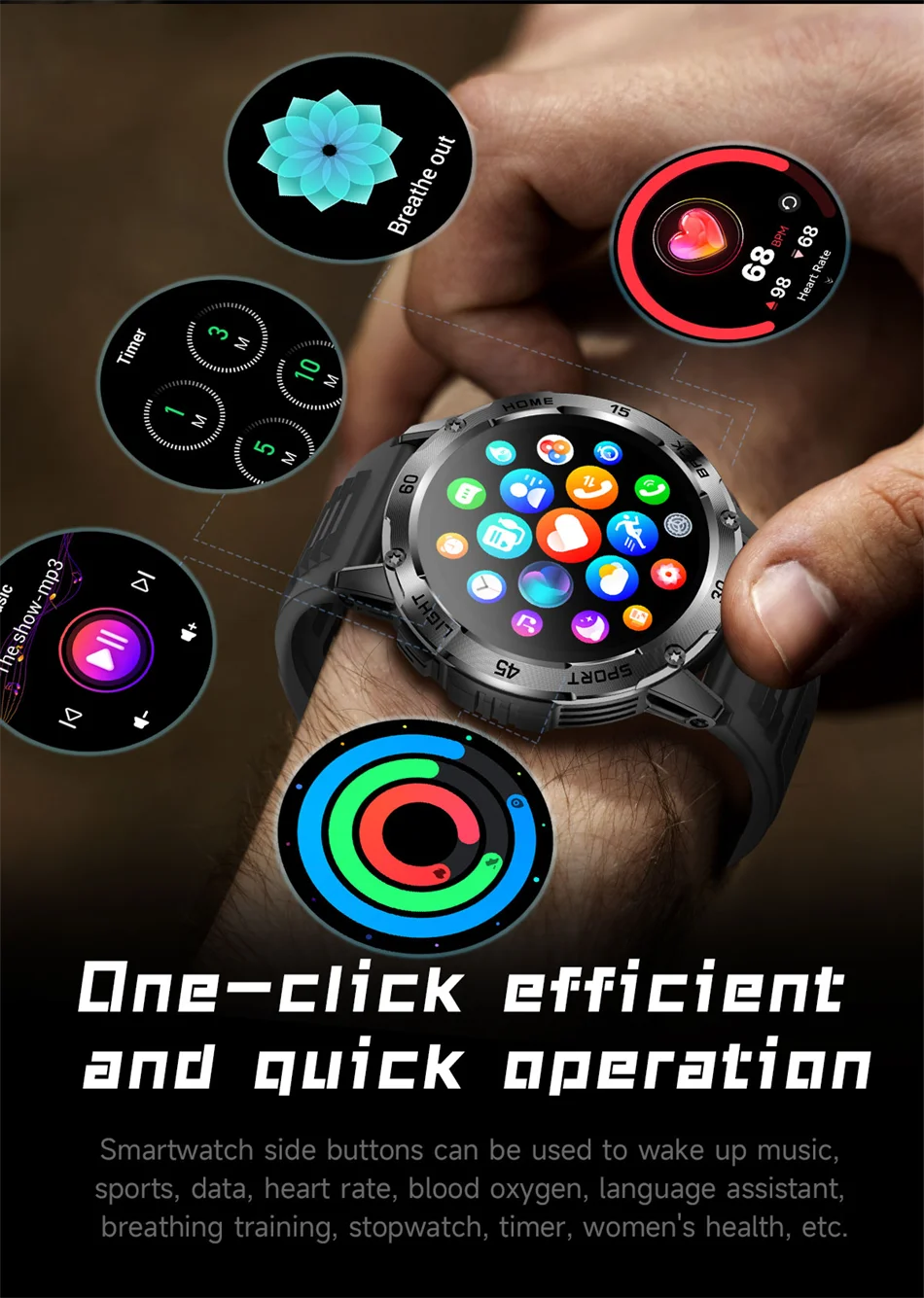 Nouvelle Montre Connectée de Sport Extérieur 2026 pour Hommes avec Boussole, Étanchéité 3ATM, Lampe Torche LED, Suivi de Santé et Appel Bluetooth pour Android et iOS