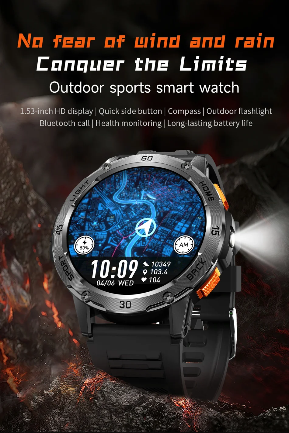 Nouvelle Montre Connectée de Sport Extérieur 2026 pour Hommes avec Boussole, Étanchéité 3ATM, Lampe Torche LED, Suivi de Santé et Appel Bluetooth pour Android et iOS