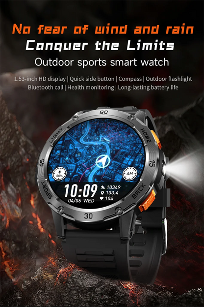 Nouvelle Montre Connectée de Sport Extérieur 2026 pour Hommes avec Boussole, Étanchéité 3ATM, Lampe Torche LED, Suivi de Santé et Appel Bluetooth pour Android et iOS