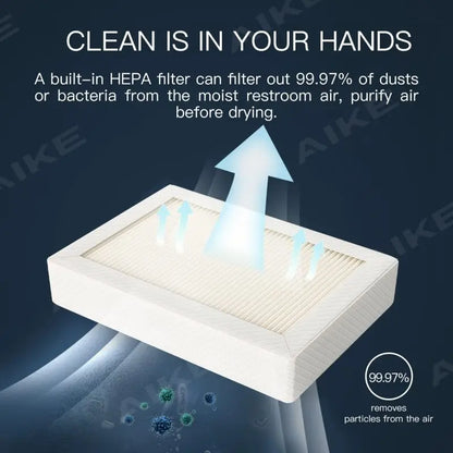 AIKE-Sèche-mains automatique avec filtre HEPA, finition en acier inoxydable brossé, machine à sécher les mains, 1450W, approuvé UL