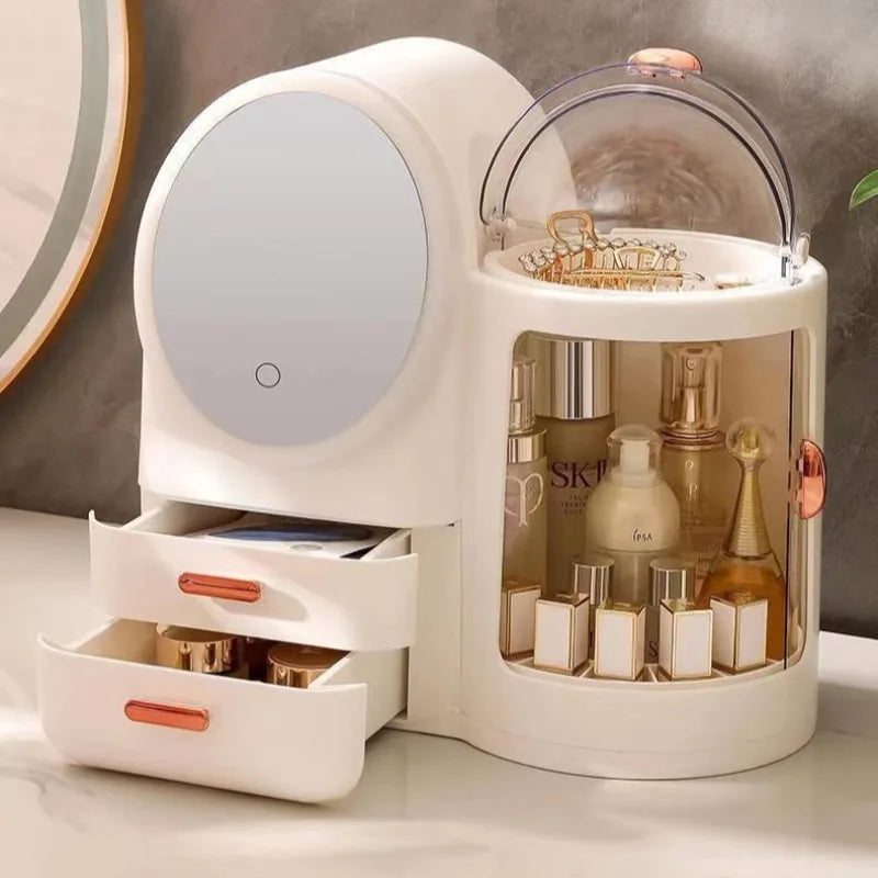 Boîte de rangement de cosmétiques de grande capacité, support de rangement de lumière LED miroir, coiffeuse de bureau, support de rangement de luxe léger
