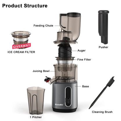 BioloMix-Extracteur de jus à mastication lente, presse à froid, Ju479, goulotte de rajeunissement de 78mm, moteur injuste, convient aux fruits entiers, 200W, 40-65 tr/min