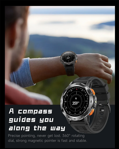 Nouvelle Montre Connectée de Sport Extérieur 2026 pour Hommes avec Boussole, Étanchéité 3ATM, Lampe Torche LED, Suivi de Santé et Appel Bluetooth pour Android et iOS