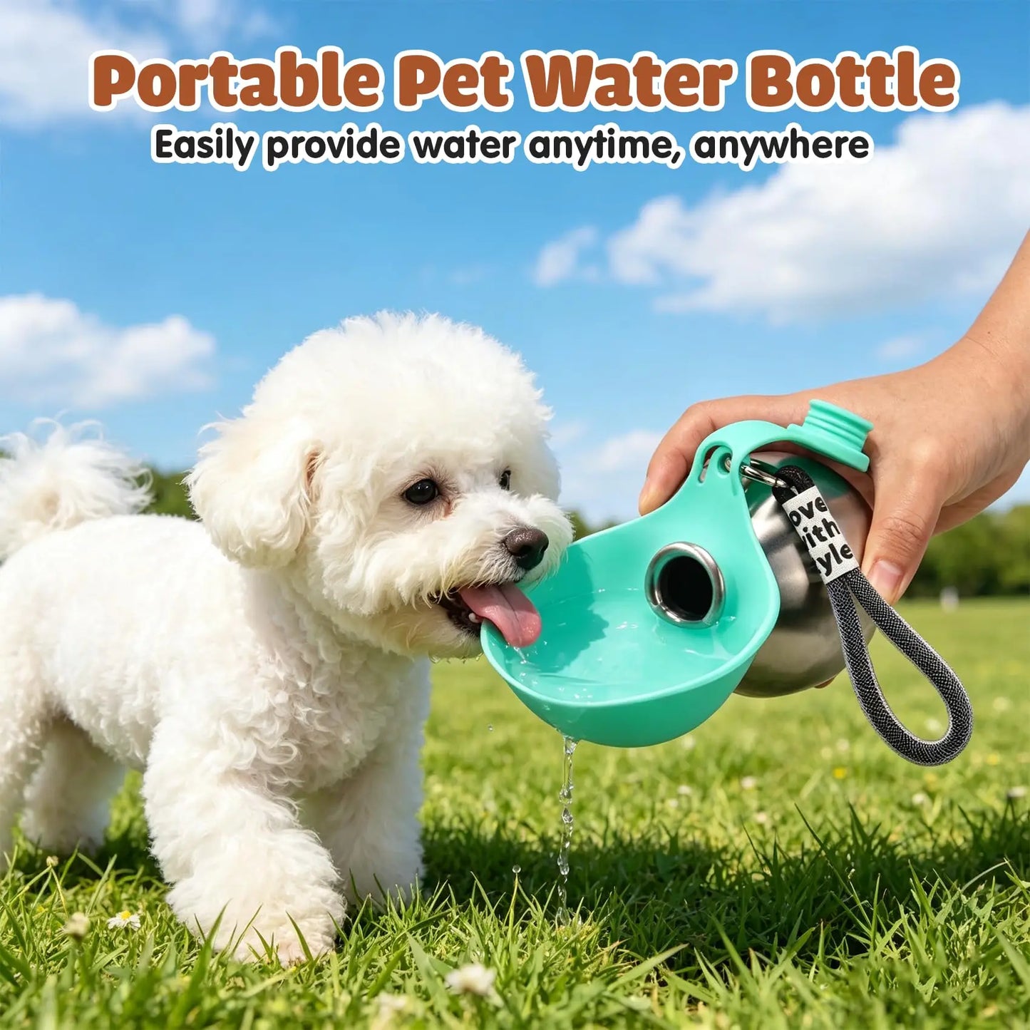 Bouteille d'eau portable pour chien en acier inoxydable avec bol en silicone, anti-fuite, pour chiens, chats, randonnée, voyage, promenade