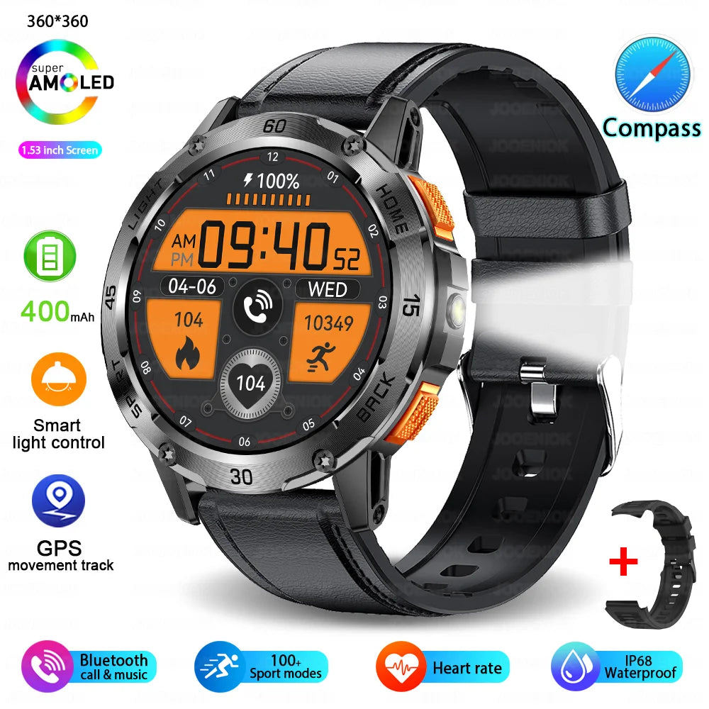 Nouvelle Montre Connectée de Sport Extérieur 2026 pour Hommes avec Boussole, Étanchéité 3ATM, Lampe Torche LED, Suivi de Santé et Appel Bluetooth pour Android et iOS