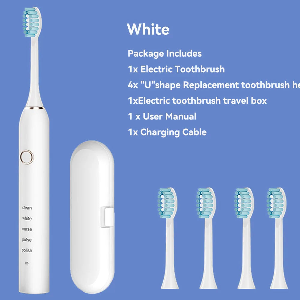 Brosse à dents électrique sonique pour adulte, aste, avec 4 têtes de rechange, 5 modes et 3 minutes intelligentes