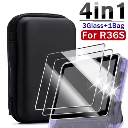 Mallette de rangement de transport 3 en 1 avec protecteurs d'écran en verre trempé pour Console de jeu R36S, Kit de protection, sac et Films anti-rayures