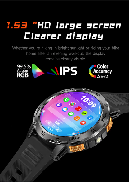 Nouvelle Montre Connectée de Sport Extérieur 2026 pour Hommes avec Boussole, Étanchéité 3ATM, Lampe Torche LED, Suivi de Santé et Appel Bluetooth pour Android et iOS