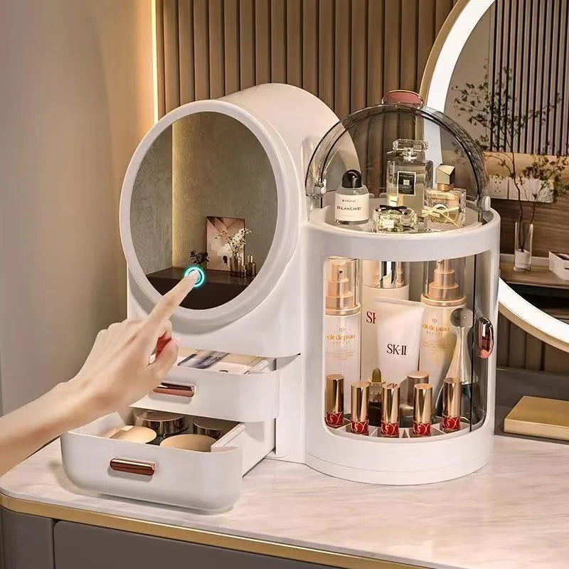 Boîte de rangement de cosmétiques de grande capacité, support de rangement de lumière LED miroir, coiffeuse de bureau, support de rangement de luxe léger