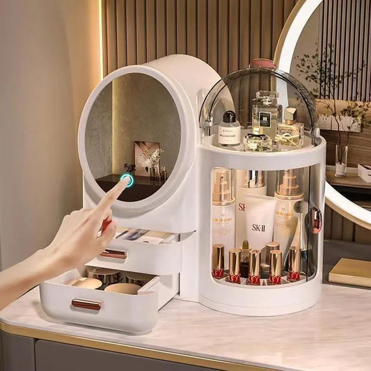 Boîte de rangement de cosmétiques de grande capacité, support de rangement de lumière LED miroir, coiffeuse de bureau, support de rangement de luxe léger
