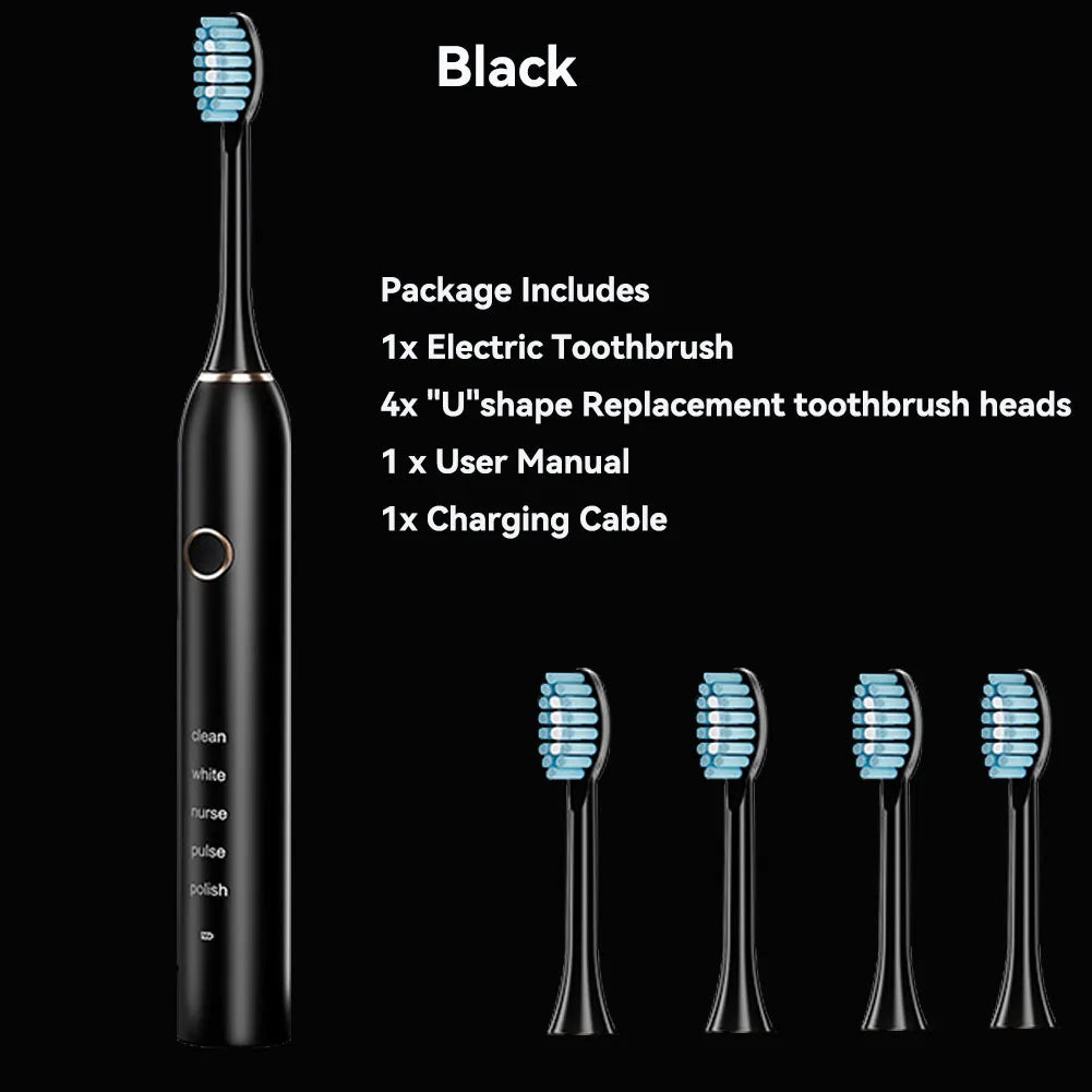 Brosse à dents électrique sonique pour adulte, aste, avec 4 têtes de rechange, 5 modes et 3 minutes intelligentes