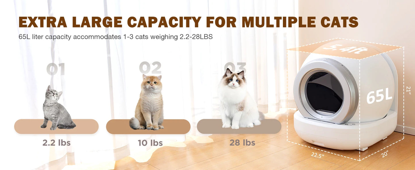 Bac à litière autonettoyant pour chat, grand bac à litière automatique pour chat avec contrôle par application, bac à litière intelligent pris en charge Wi-Fi 2,4 GHz pour chats