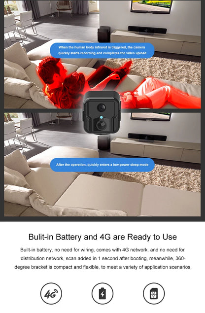 Mini caméra de Surveillance sans fil WiFi 4G, stockage en nuage, appel à distance, Surveillance réseau avec batterie, caméra de Vision nocturne 1080p
