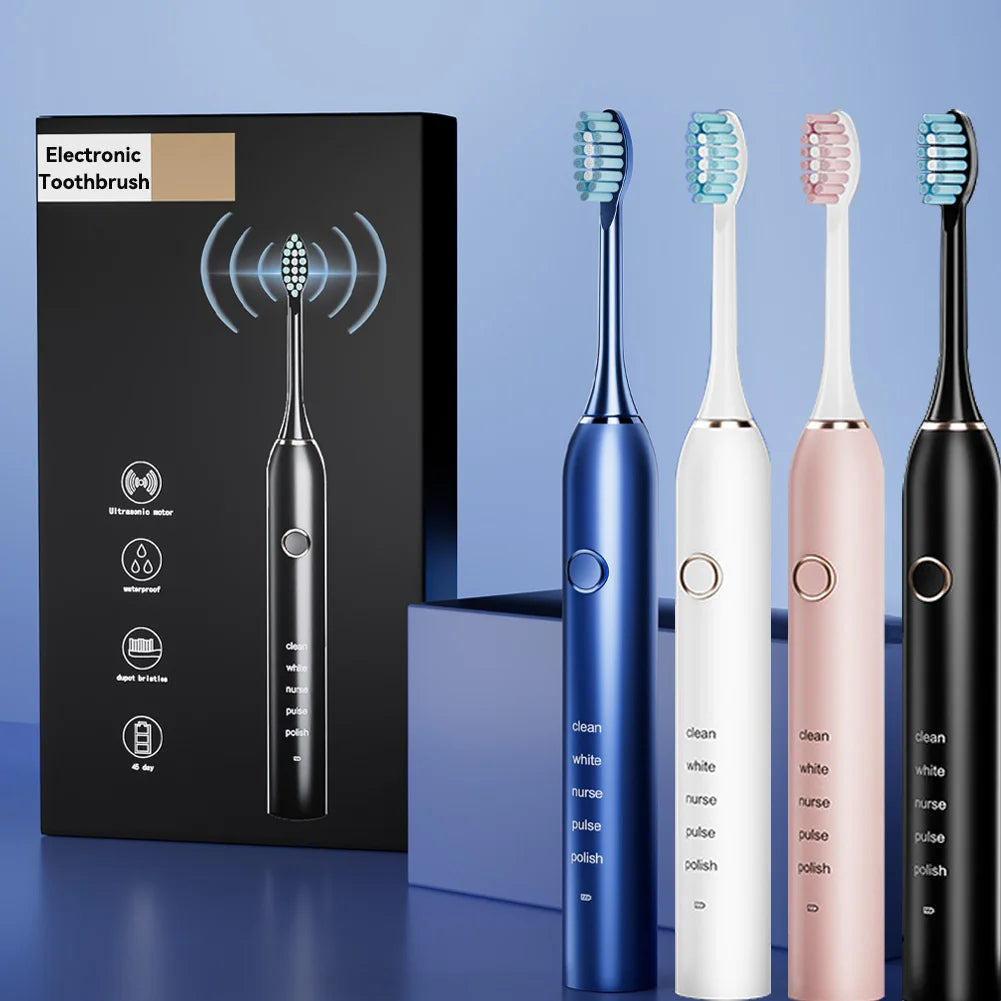 Brosse à dents électrique sonique pour adulte, aste, avec 4 têtes de rechange, 5 modes et 3 minutes intelligentes