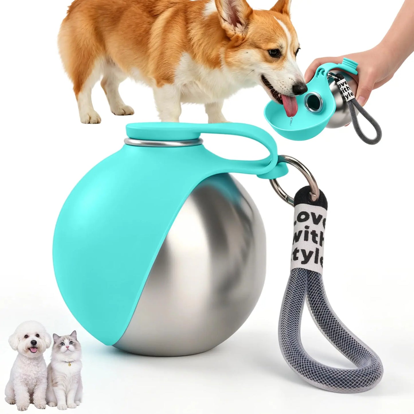 Bouteille d'eau portable pour chien en acier inoxydable avec bol en silicone, anti-fuite, pour chiens, chats, randonnée, voyage, promenade