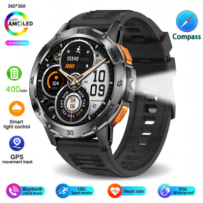 Nouvelle Montre Connectée de Sport Extérieur 2026 pour Hommes avec Boussole, Étanchéité 3ATM, Lampe Torche LED, Suivi de Santé et Appel Bluetooth pour Android et iOS