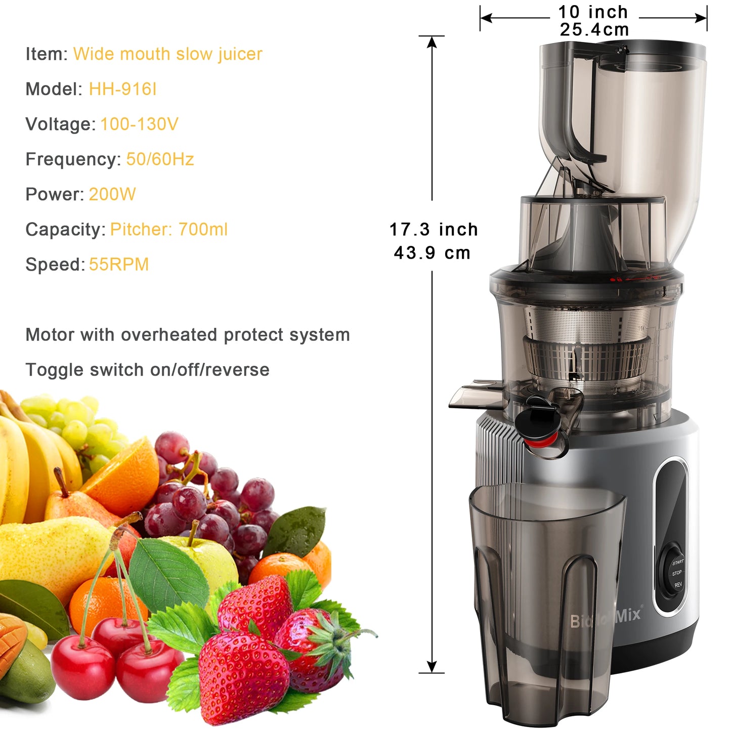 BioloMix-Extracteur de jus à mastication lente, presse à froid, Ju479, goulotte de rajeunissement de 78mm, moteur injuste, convient aux fruits entiers, 200W, 40-65 tr/min