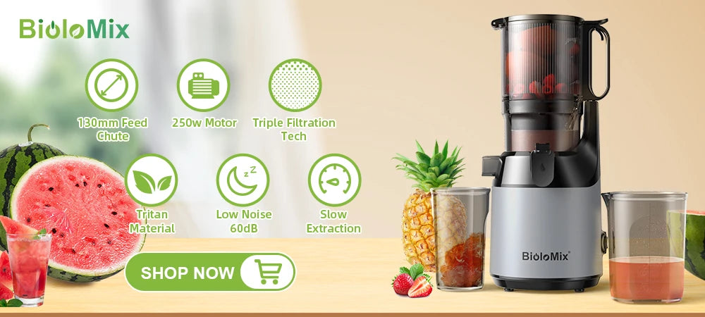 BioloMix-Extracteur de jus à mastication lente, presse à froid, Ju479, goulotte de rajeunissement de 78mm, moteur injuste, convient aux fruits entiers, 200W, 40-65 tr/min