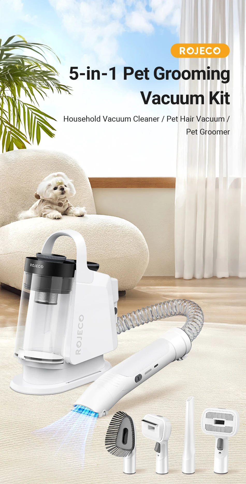 ROJECO Kit d'aspirateur de toilettage multifonction pour animaux de compagnie 5-en-1 aspirateur domestique Portable pour Kit de toilette aspirateur de poils de chien et de chat