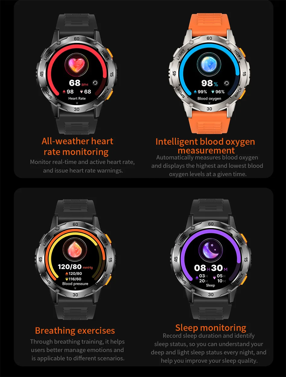 Nouvelle Montre Connectée de Sport Extérieur 2026 pour Hommes avec Boussole, Étanchéité 3ATM, Lampe Torche LED, Suivi de Santé et Appel Bluetooth pour Android et iOS