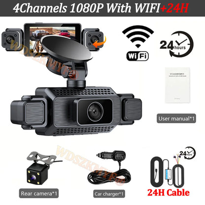 Prada Cam-Enregistreur vidéo de voiture avec vision nocturne, caméra WiFi 360 °, 3/4 canaux, dashcam voiture，caméra de recul，caméra 1080P, DVR, moniteur de stationnement 24h, vue avant droite et arrière, boîte noir