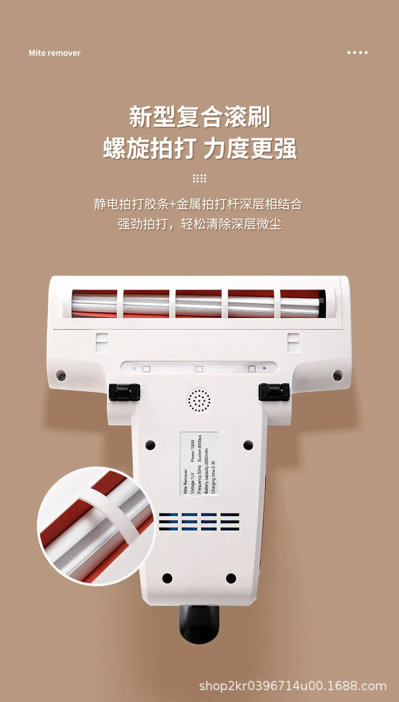 Aspirateur anti-acariens sans fil à forte aspiration avec double bac de collecte de poussière et lumière UV pour le nettoyage de la literie et des canapés à la maison