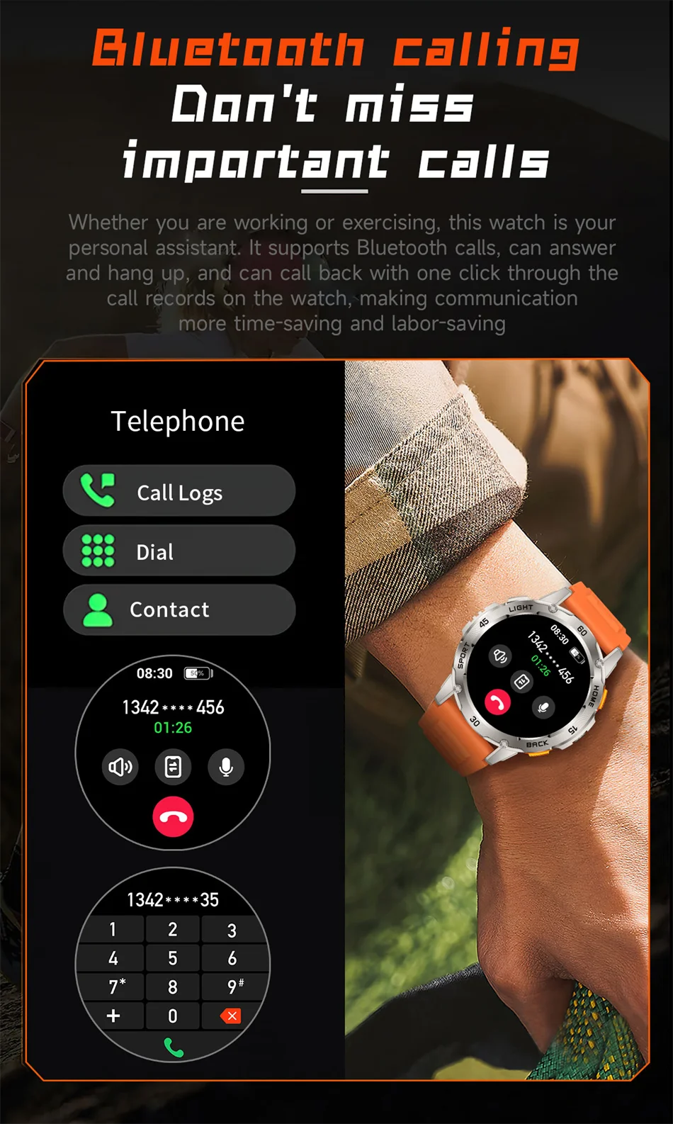 Nouvelle Montre Connectée de Sport Extérieur 2026 pour Hommes avec Boussole, Étanchéité 3ATM, Lampe Torche LED, Suivi de Santé et Appel Bluetooth pour Android et iOS