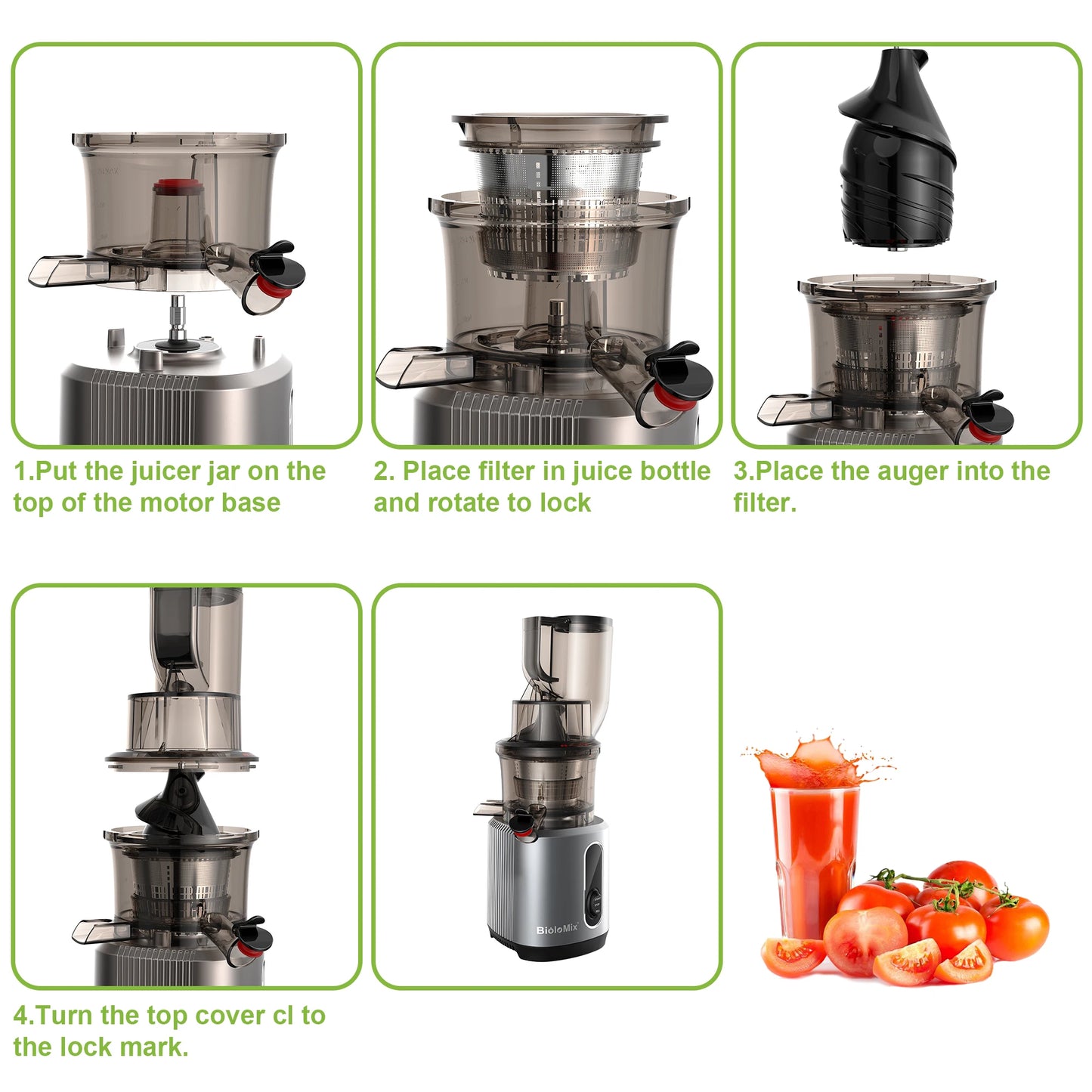 BioloMix-Extracteur de jus à mastication lente, presse à froid, Ju479, goulotte de rajeunissement de 78mm, moteur injuste, convient aux fruits entiers, 200W, 40-65 tr/min
