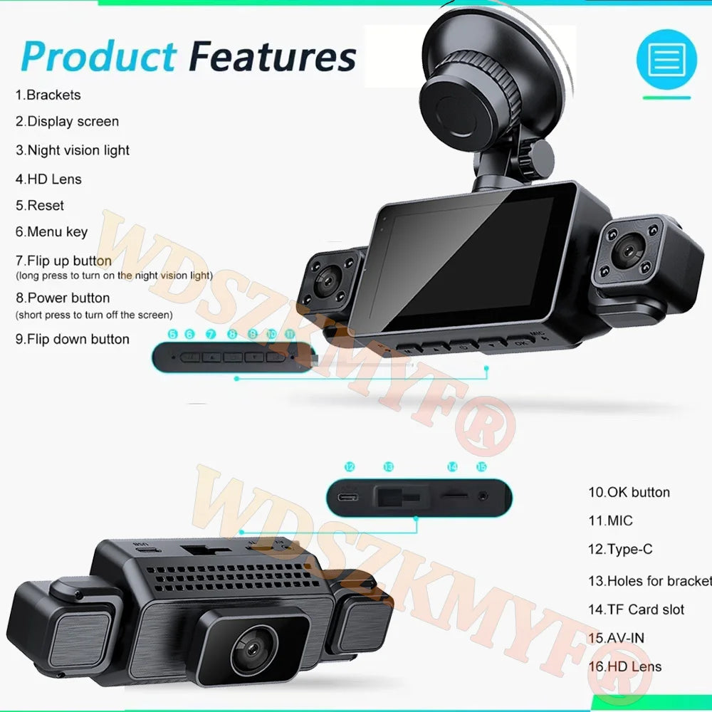 Prada Cam-Enregistreur vidéo de voiture avec vision nocturne, caméra WiFi 360 °, 3/4 canaux, dashcam voiture，caméra de recul，caméra 1080P, DVR, moniteur de stationnement 24h, vue avant droite et arrière, boîte noir
