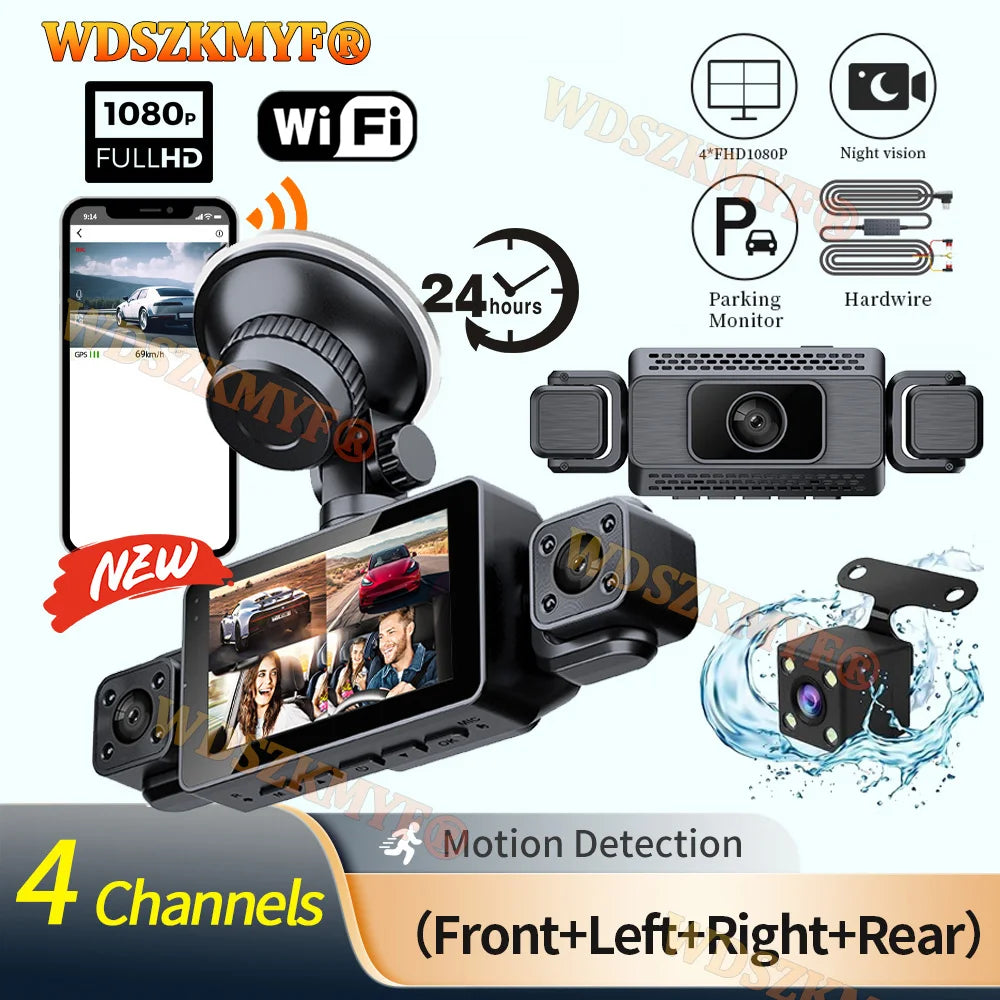 Prada Cam-Enregistreur vidéo de voiture avec vision nocturne, caméra WiFi 360 °, 3/4 canaux, dashcam voiture，caméra de recul，caméra 1080P, DVR, moniteur de stationnement 24h, vue avant droite et arrière, boîte noir