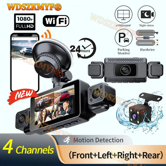 Prada Cam-Enregistreur vidéo de voiture avec vision nocturne, caméra WiFi 360 °, 3/4 canaux, dashcam voiture，caméra de recul，caméra 1080P, DVR, moniteur de stationnement 24h, vue avant droite et arrière, boîte noir