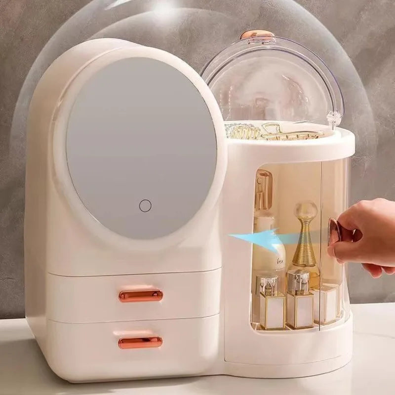 Boîte de rangement de cosmétiques de grande capacité, support de rangement de lumière LED miroir, coiffeuse de bureau, support de rangement de luxe léger