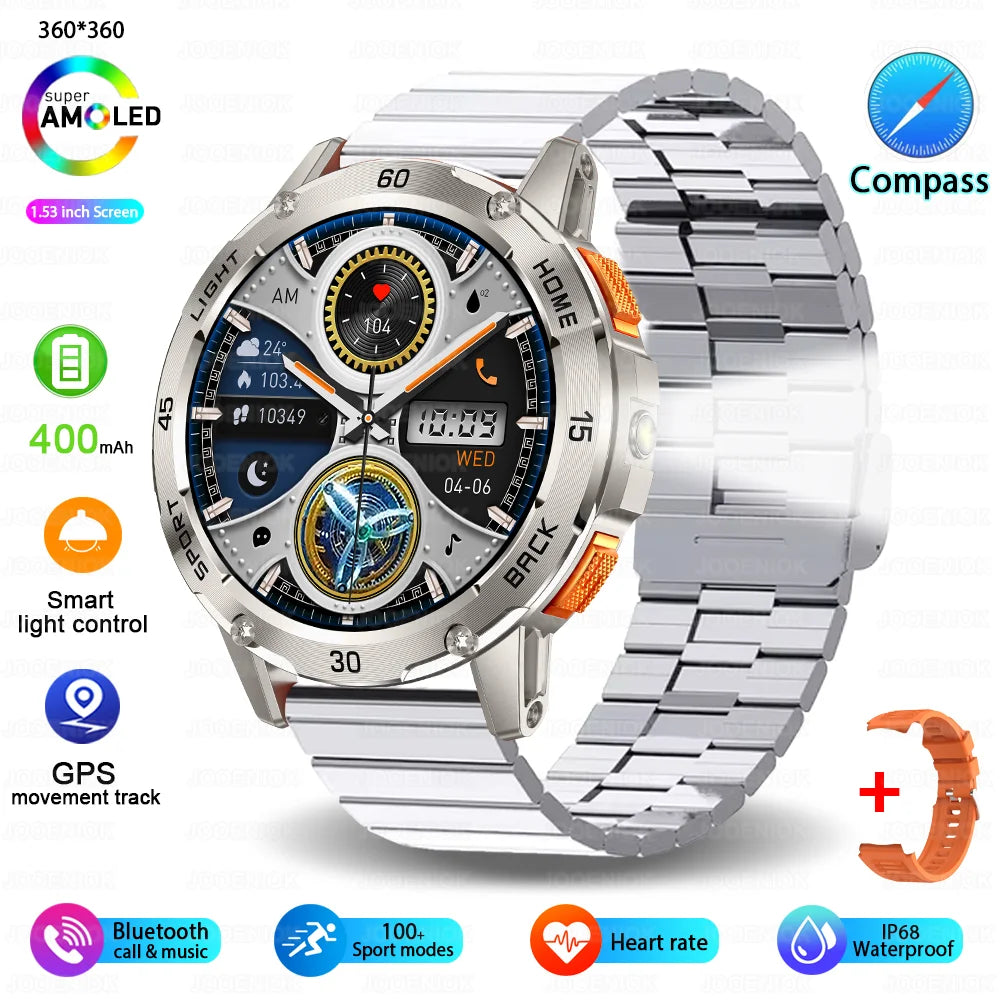 Nouvelle Montre Connectée de Sport Extérieur 2026 pour Hommes avec Boussole, Étanchéité 3ATM, Lampe Torche LED, Suivi de Santé et Appel Bluetooth pour Android et iOS
