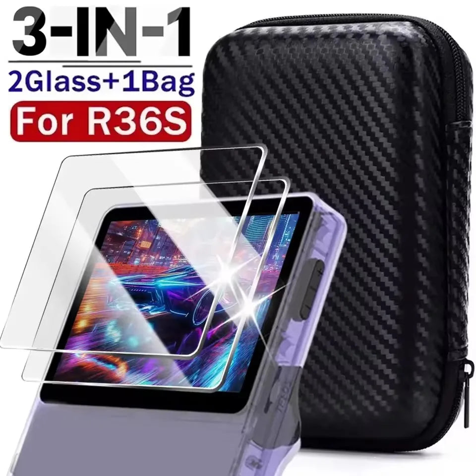 Mallette de rangement de transport 3 en 1 avec protecteurs d'écran en verre trempé pour Console de jeu R36S, Kit de protection, sac et Films anti-rayures
