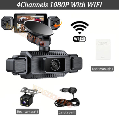 Prada Cam-Enregistreur vidéo de voiture avec vision nocturne, caméra WiFi 360 °, 3/4 canaux, dashcam voiture，caméra de recul，caméra 1080P, DVR, moniteur de stationnement 24h, vue avant droite et arrière, boîte noir