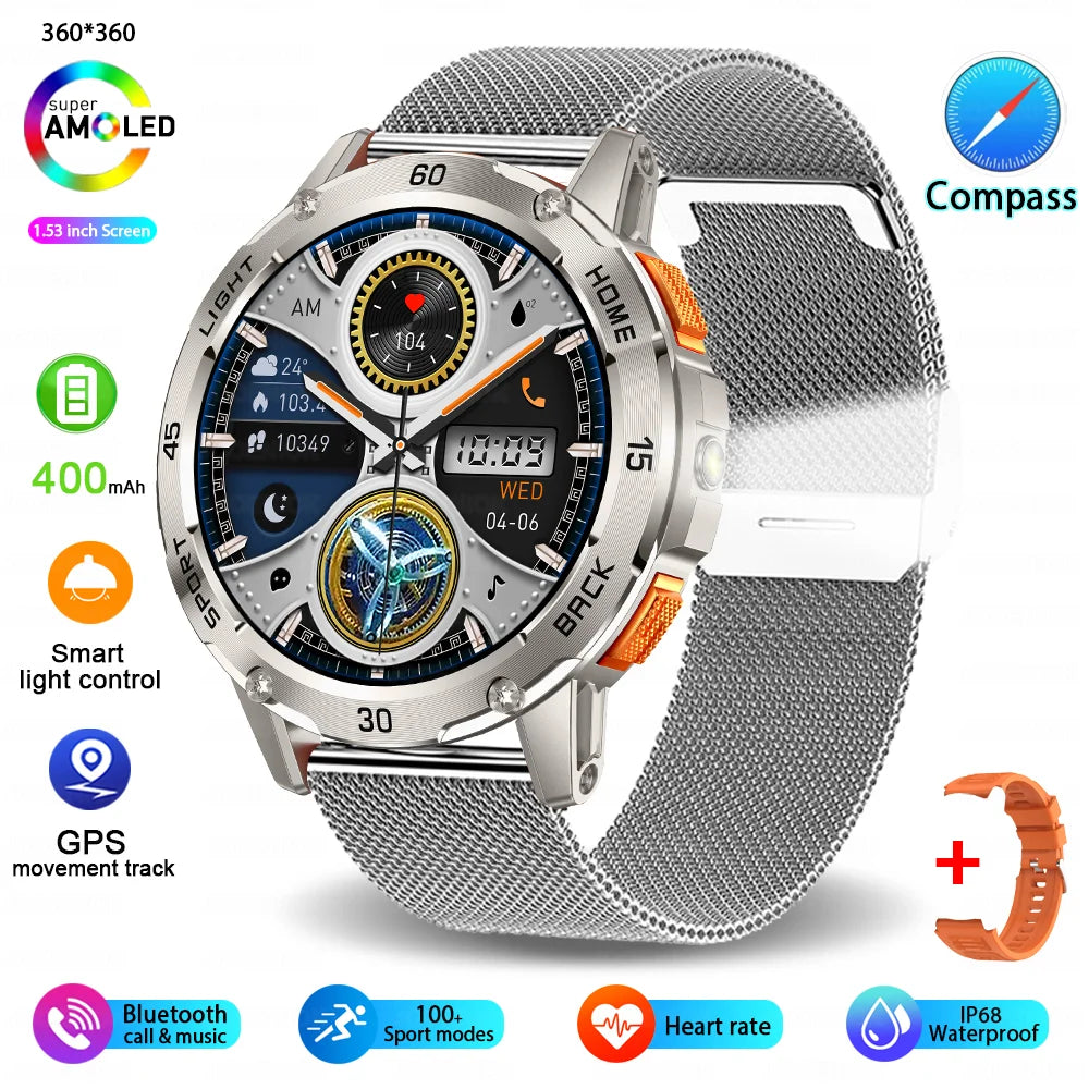 Nouvelle Montre Connectée de Sport Extérieur 2026 pour Hommes avec Boussole, Étanchéité 3ATM, Lampe Torche LED, Suivi de Santé et Appel Bluetooth pour Android et iOS