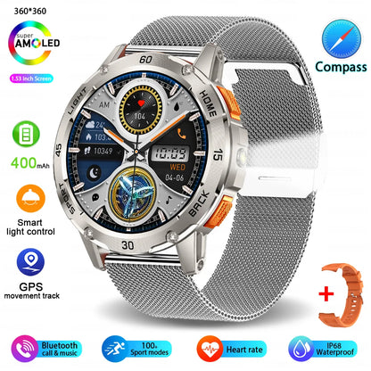 Nouvelle Montre Connectée de Sport Extérieur 2026 pour Hommes avec Boussole, Étanchéité 3ATM, Lampe Torche LED, Suivi de Santé et Appel Bluetooth pour Android et iOS