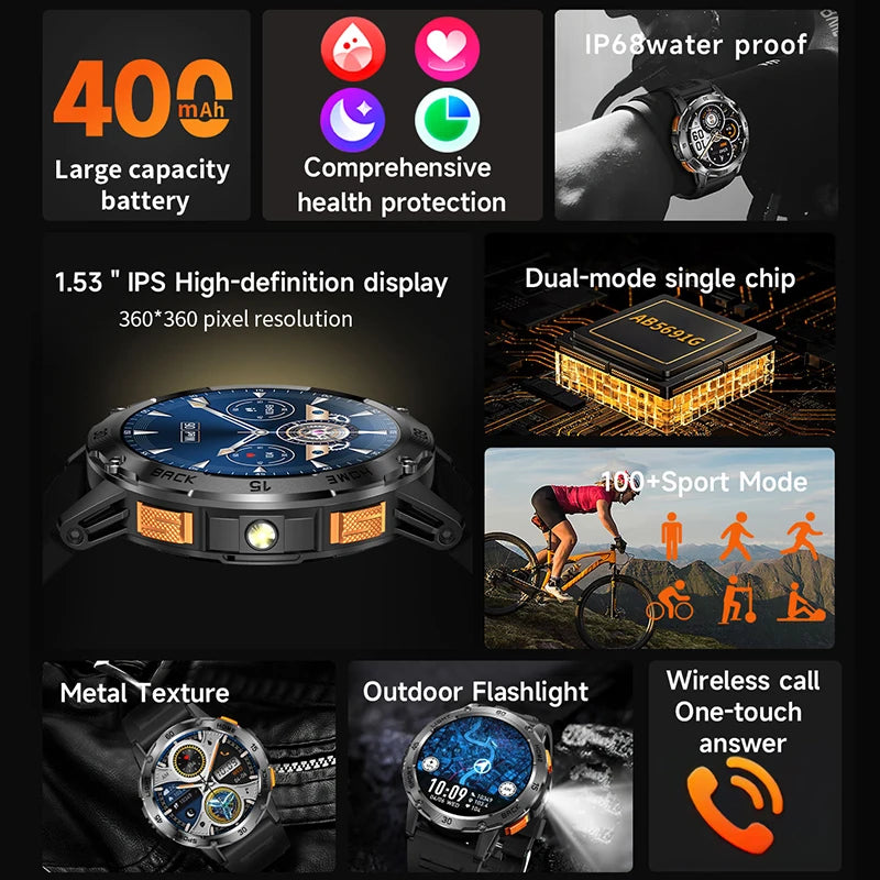 Nouvelle Montre Connectée de Sport Extérieur 2026 pour Hommes avec Boussole, Étanchéité 3ATM, Lampe Torche LED, Suivi de Santé et Appel Bluetooth pour Android et iOS