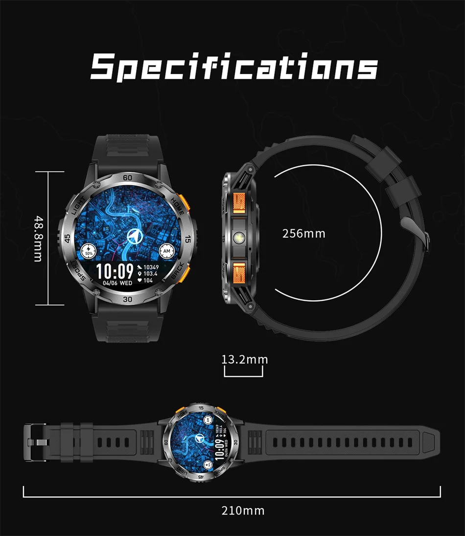 Nouvelle Montre Connectée de Sport Extérieur 2026 pour Hommes avec Boussole, Étanchéité 3ATM, Lampe Torche LED, Suivi de Santé et Appel Bluetooth pour Android et iOS