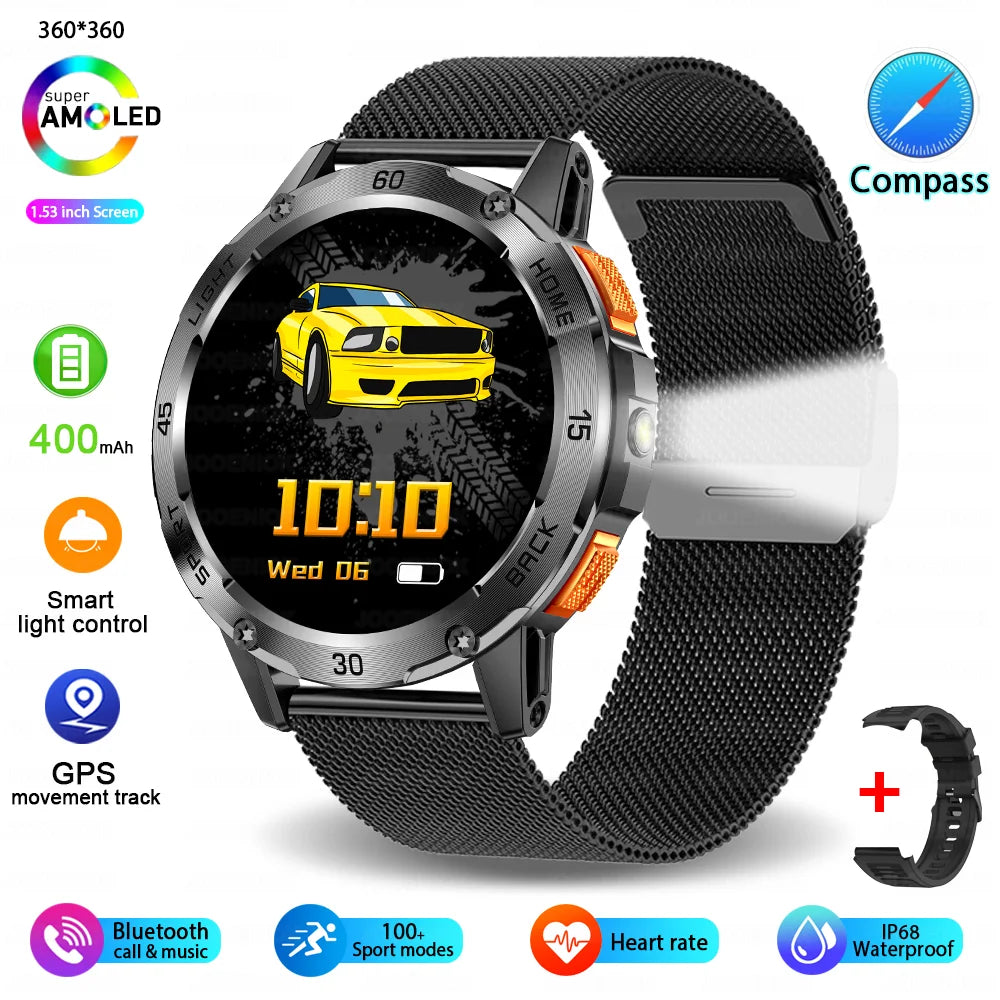 Nouvelle Montre Connectée de Sport Extérieur 2026 pour Hommes avec Boussole, Étanchéité 3ATM, Lampe Torche LED, Suivi de Santé et Appel Bluetooth pour Android et iOS