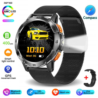 Nouvelle Montre Connectée de Sport Extérieur 2026 pour Hommes avec Boussole, Étanchéité 3ATM, Lampe Torche LED, Suivi de Santé et Appel Bluetooth pour Android et iOS