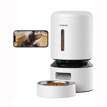 Distributeur automatique de nourriture pour animaux domestiques (chats et chiens) avec vidéo HD 1080P, vision nocturne, Wi-Fi 5G, audio bidirectionnel, capteur anti-blocage de nourriture, alertes sonores et de mouvement, en