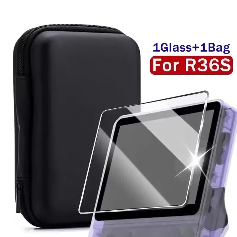 Mallette de rangement de transport 3 en 1 avec protecteurs d'écran en verre trempé pour Console de jeu R36S, Kit de protection, sac et Films anti-rayures
